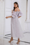 Vestido de baile de alças de espaguete cinza com renda