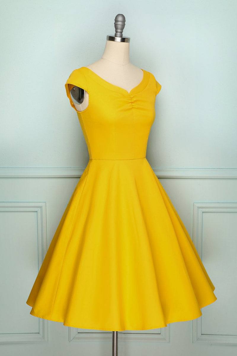 Carregar imagem no visualizador da galeria, Vestido sólido amarelo dos anos 50