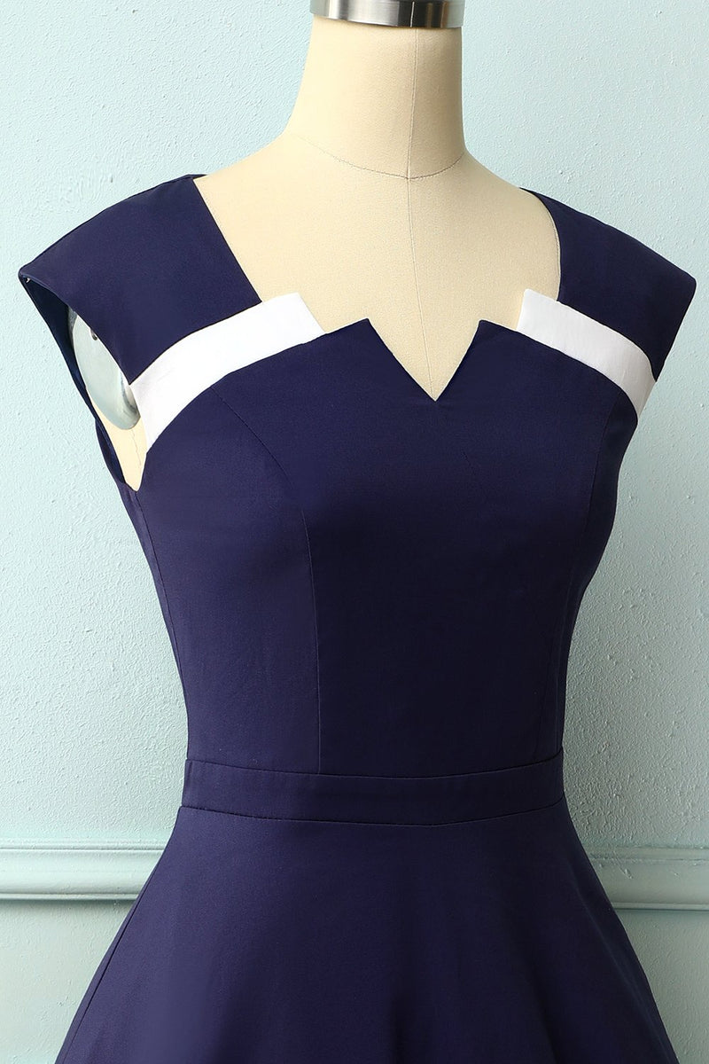 Carregar imagem no visualizador da galeria, Vestido assimétrico dos anos 50 do pescoço da marinha
