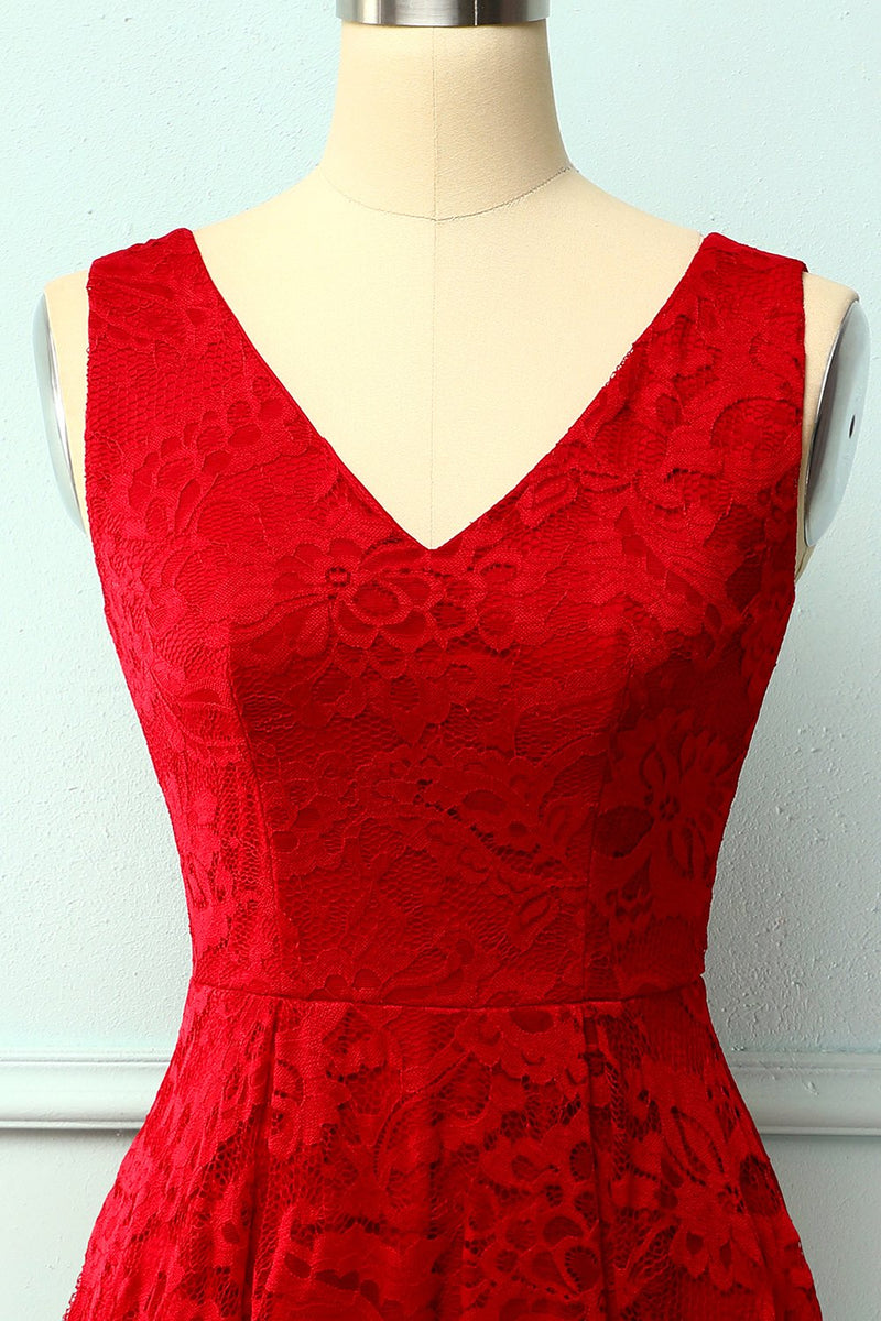 Carregar imagem no visualizador da galeria, Vestido assimétrico de renda vermelha escura