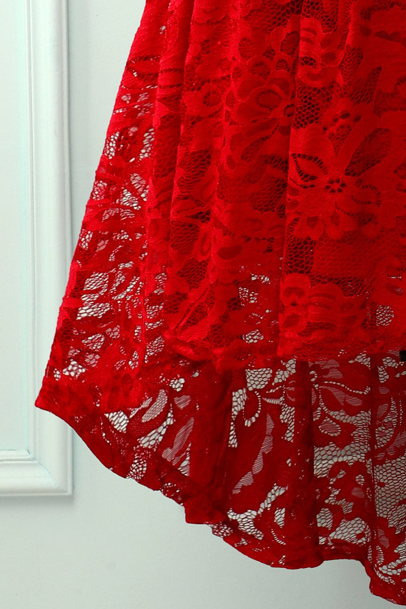 Carregar imagem no visualizador da galeria, Vestido assimétrico de renda vermelha escura