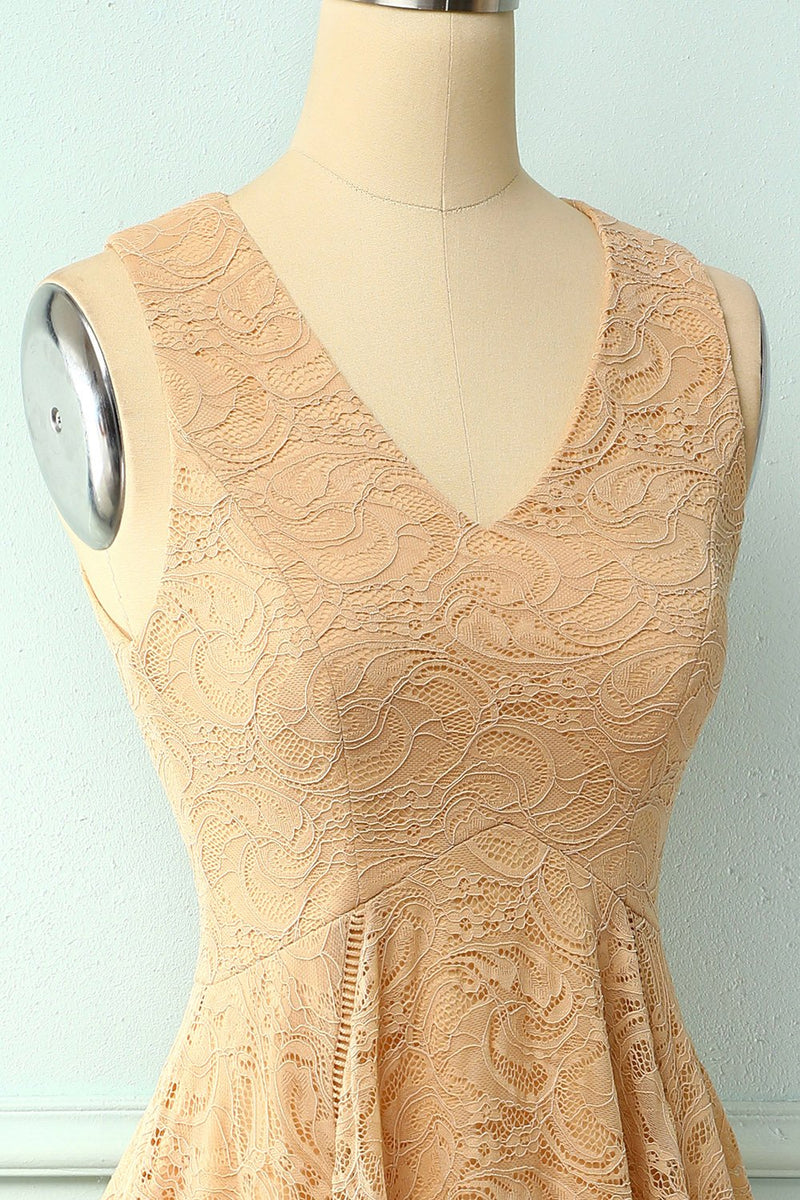 Carregar imagem no visualizador da galeria, Vestido assimétrico de renda com decote em v e champanhe