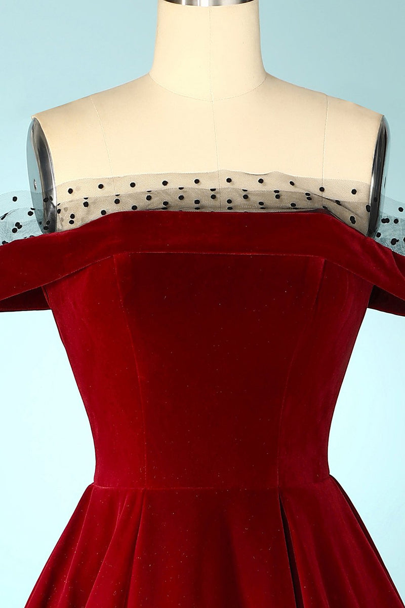 Carregar imagem no visualizador da galeria, Vestido de Veludo Fora do ombro Borgonha