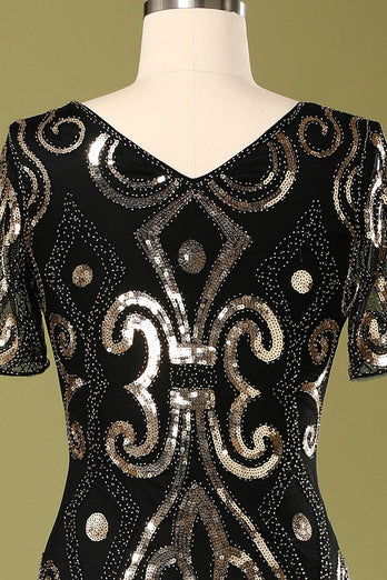 Vestido Flapper de lantejoulas pretas da década de 1920