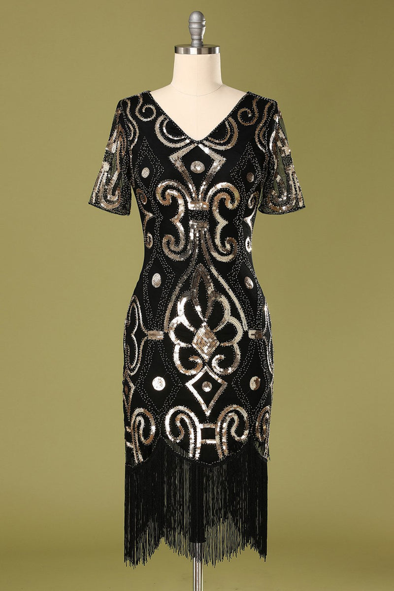Carregar imagem no visualizador da galeria, Vestido Flapper de lantejoulas pretas da década de 1920