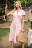 Vestido de verão estampado de pescoço v rosa v