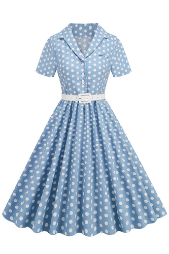 V Pescoço Azul Pontos de Polka 1950s Vestido