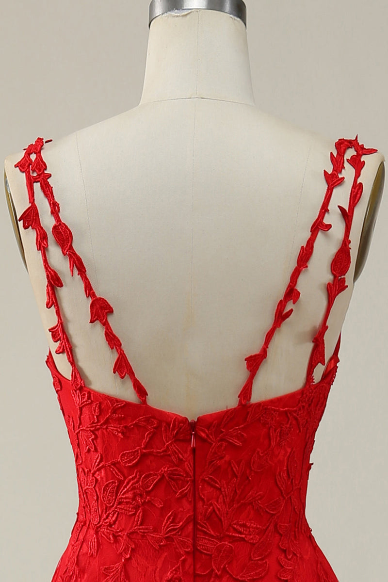 Carregar imagem no visualizador da galeria, A Line Cintas de Espaguete Vermelho Vestido de Baile Com Apliques