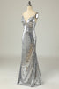 Carregar imagem no visualizador da galeria, Sereia Spaghetti Tiras Lantejoulas de prata vestido longo baile sem costas