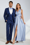 Pico Lapela Um Botão Azul Escuro Jacquard Homens Wedding Party Suits