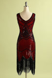 Vestido vermelho e preto Deep V Neck Flapper 1920