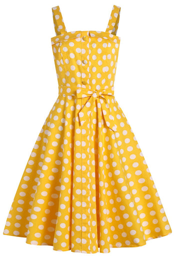 Vestido de verão amarelo às bolinhas dos anos 1950