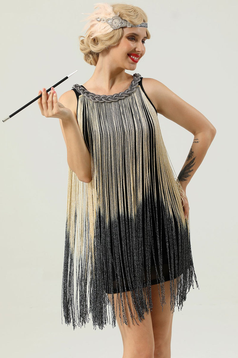 Carregar imagem no visualizador da galeria, Vestido de franja preta de pescoço redondo de 1920
