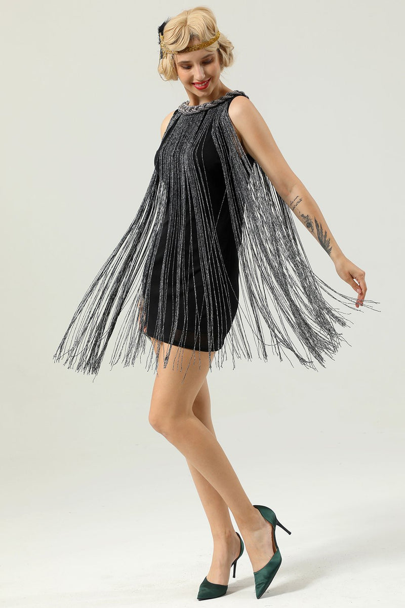 Carregar imagem no visualizador da galeria, Vestido de franja preta de pescoço redondo de 1920