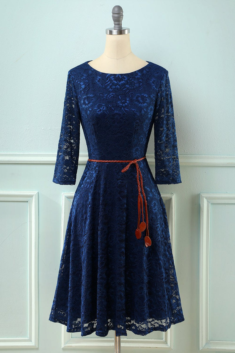 Carregar imagem no visualizador da galeria, 3/4 Mangas Vestido de renda da Marinha