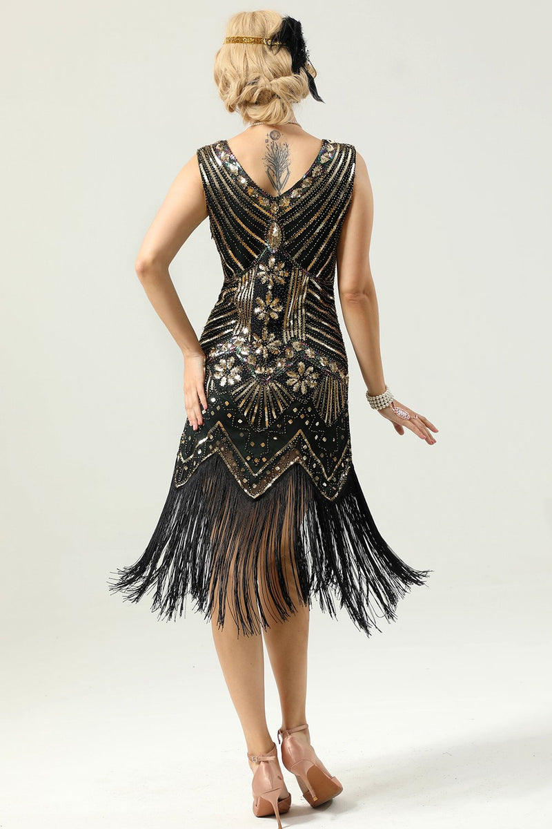Carregar imagem no visualizador da galeria, Vestido preto e dourado de lantejoulas dos anos 20
