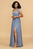 Cintas de espaguete azul cinza longo chiffon vestido de dama de honra com fenda