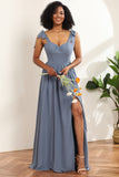 Cintas de espaguete azul cinza longo chiffon vestido de dama de honra com fenda