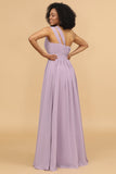 Vestido de dama de honra lilás chiffon um ombro só com babados