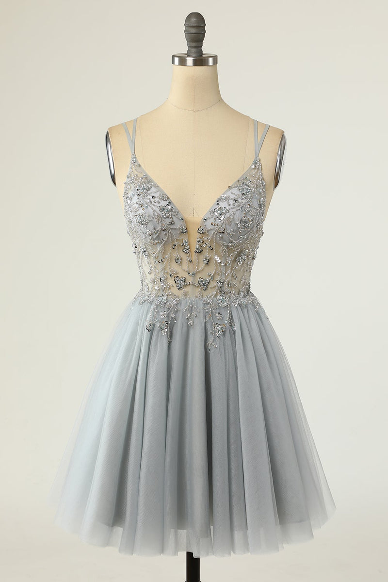 Carregar imagem no visualizador da galeria, Lindo um espaguete de linha correias grey short homecoming vestido com missanga