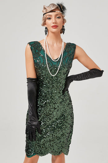 Vestido de flapper de lantejoulas verdes escuros de 1920