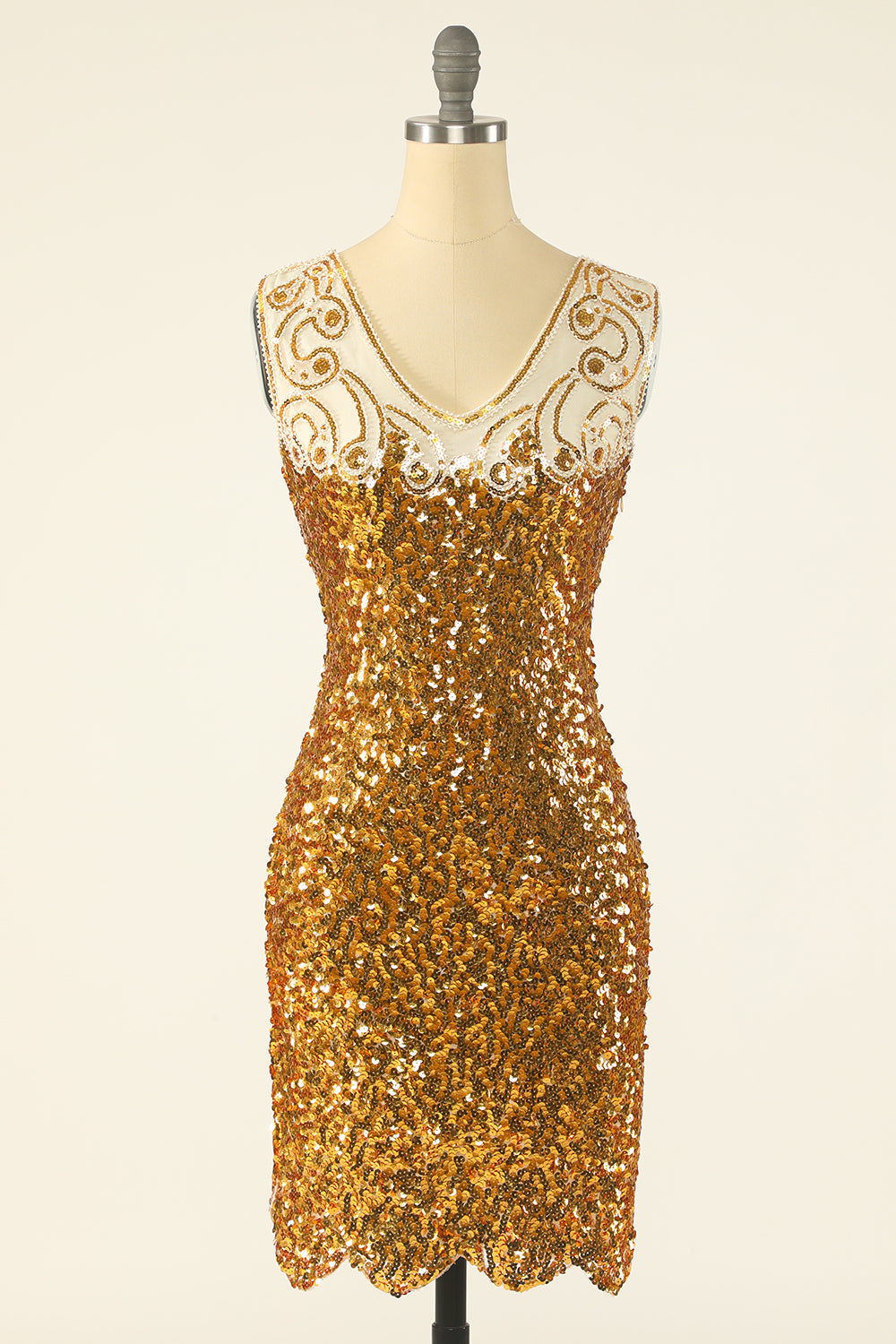 Vestido de flapper de lantejoulas douradas de 1920