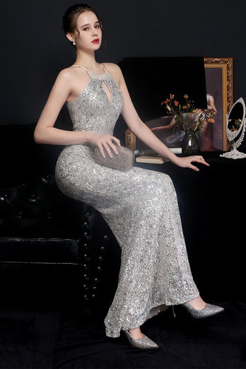 Vestido de festa de lantejoulas halter de prata
