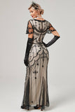 Preto Blush Sequins Long 1920s Vestido