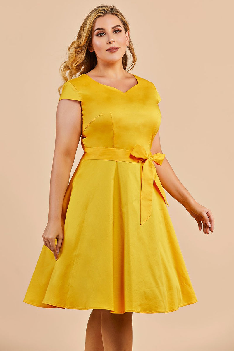Carregar imagem no visualizador da galeria, Mais tamanho amarelo vintage 1950s vestido