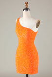 Sequins One-Shoulder Laranja Tight Beading Vestido Curto Homecoming