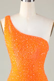 Sequins One-Shoulder Laranja Tight Beading Vestido Curto Homecoming
