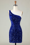 Sequins One-Shoulder Royal Blue Tight Beading Vestido Curto Homecoming