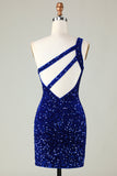 Sequins One-Shoulder Royal Blue Tight Beading Vestido Curto Homecoming