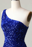 Sequins One-Shoulder Royal Blue Tight Beading Vestido Curto Homecoming