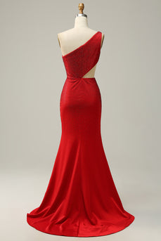 Sereia Um Ombro Vermelho Vestido de Festa