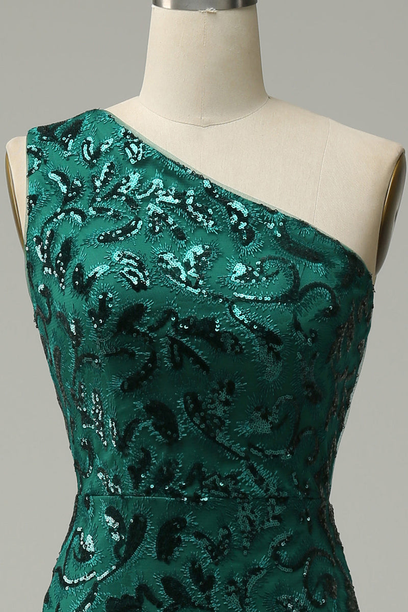 Carregar imagem no visualizador da galeria, Sereia Um Ombro Verde Escuro Lantejoulas Vestido de Festa