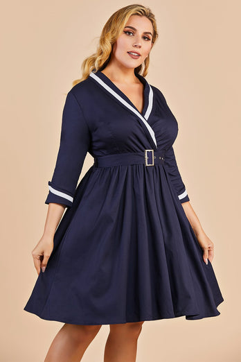 Vestido de embrulho de tamanho vintage azul marinho mais tamanho