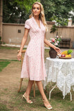 Vestido de verão estampado de pescoço v rosa v