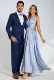 Pico Lapela Um Botão Azul Escuro Jacquard Homens Wedding Party Suits