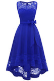 Vestido de renda azul alto e baixo com Bowknot