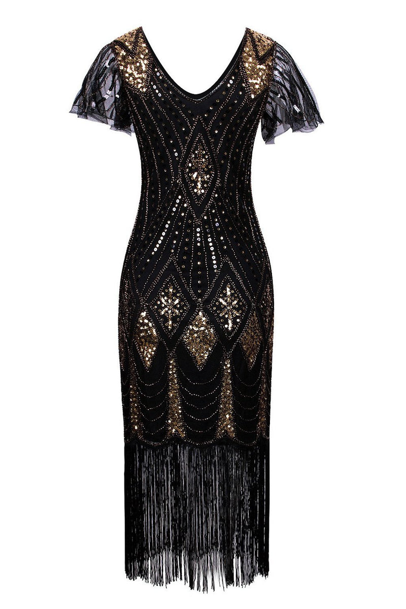 Carregar imagem no visualizador da galeria, Black and Gold Flapper 1920s Sequins Dress