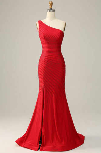 Sereia Um Ombro Vermelho Vestido de Festa