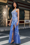 Sereia da moda V pescoço azul claro vestido longo baile de formatura com apliques fenda
