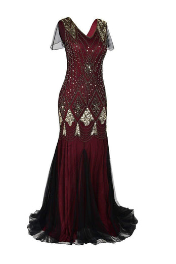 Burgundy 1920s Sequins Flapper Long Dress