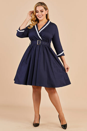 Vestido de embrulho de tamanho vintage azul marinho mais tamanho