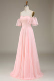 Blush rosa A-line fora do ombro Chiffon longo vestido de dama de honra
