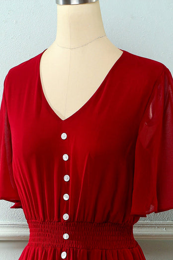 Vestido de verão de botões de pescoço v vermelho