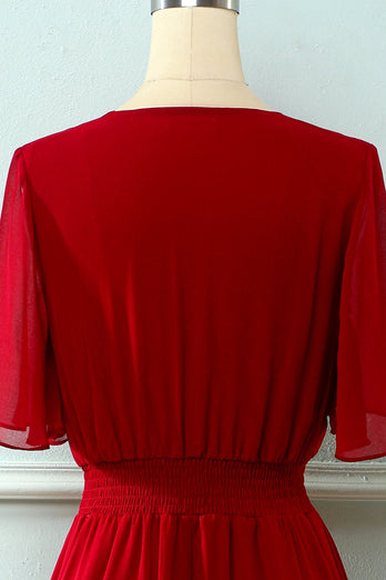 Vestido de verão de botões de pescoço v vermelho
