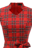 Vestido vermelho plaid vintage plus com bowknot