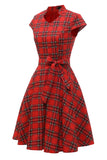 Vestido vermelho plaid vintage plus com bowknot